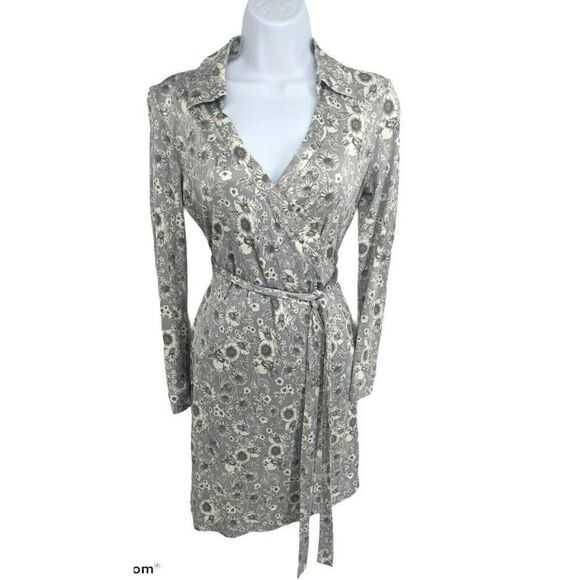 Brooks Brothers Gray Wrap Dress Floral Size 4 V neck Collar 60's Career - Picture 1 of 10
